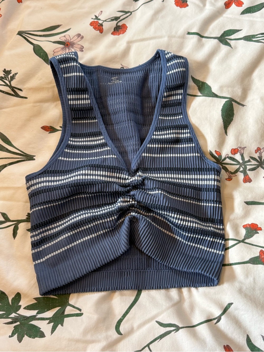 aerie Navy & White Striped Ribbed V-Neck Twist Crop Tank